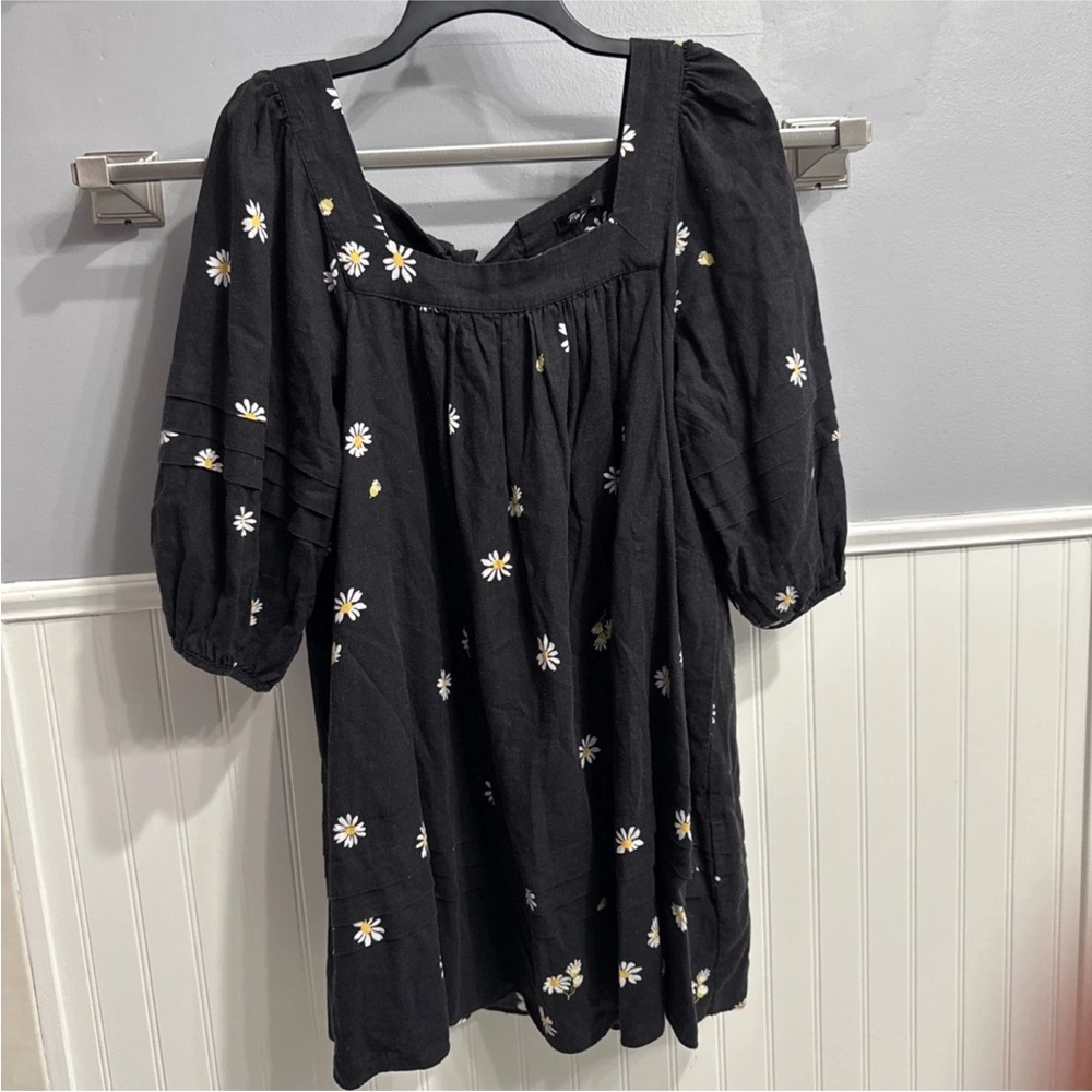 Madewell Black Daisy Square-Neck Puff Sleeve Tunic